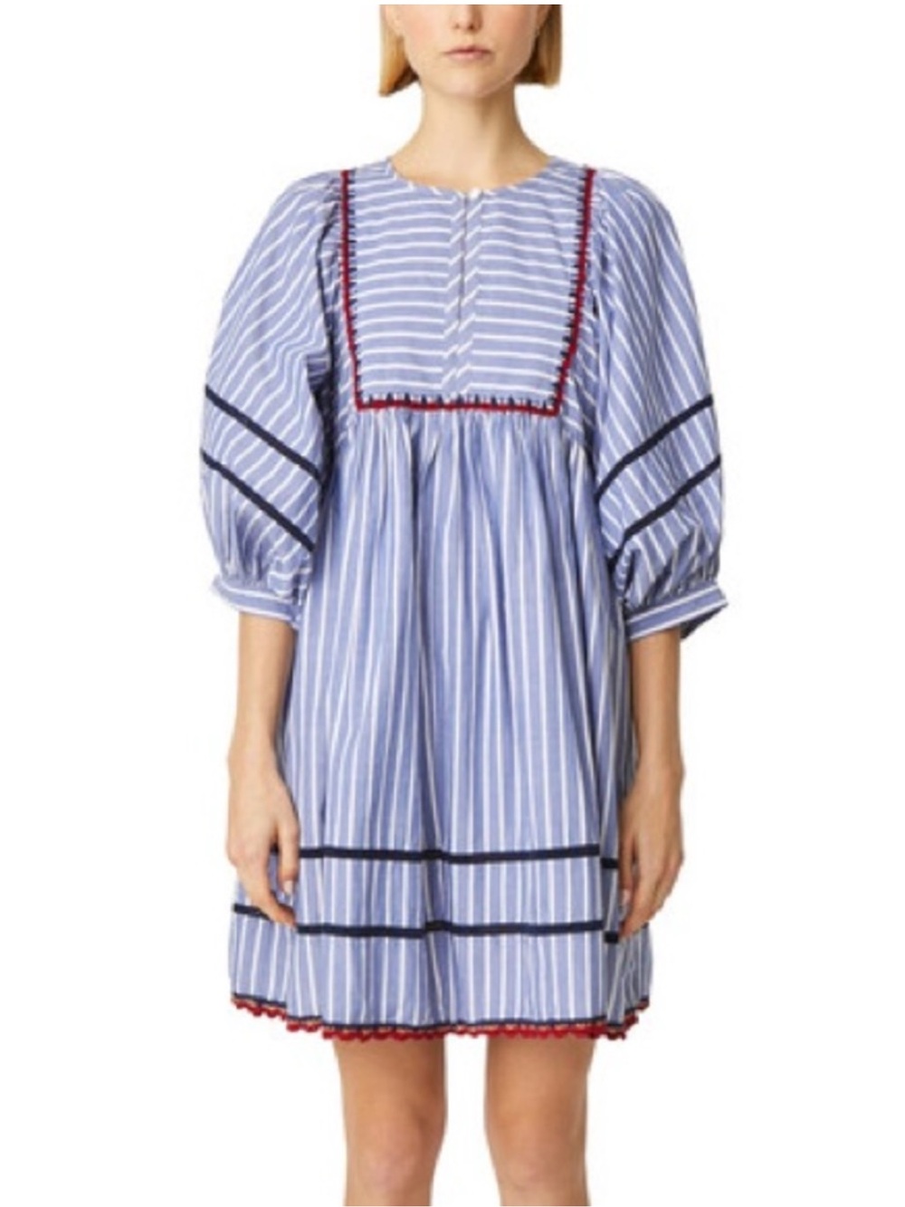 RHODE Jaques Cotton Dress Blue Yacht Stripe Puff Sleeves Crochet Trim Size S